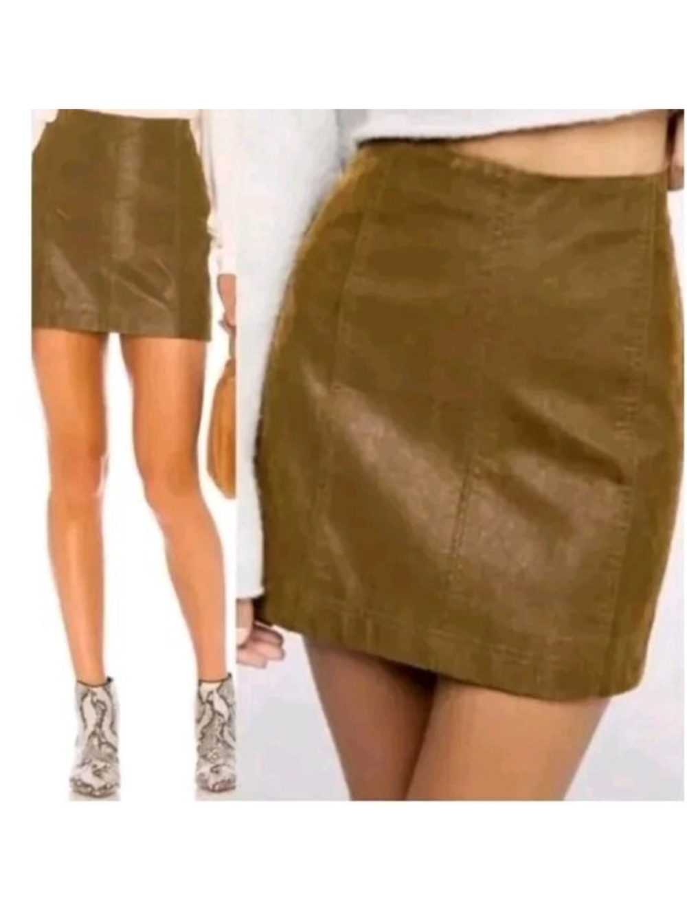 FREE PEOPLE-Modern Femme Olive Brown Vegan Leather (Rayon) Lined Mini Skirt Sz 4